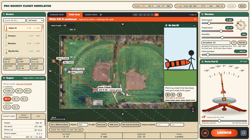 The simulator's field view: a top-down photo of a real field with the rocket's drift and landing spot marked on it.